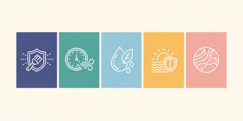 カバー力、崩れにくさ、保湿力、紫外線カット効果、仕上がりの質感をそれぞれアイコンで表現したイラスト