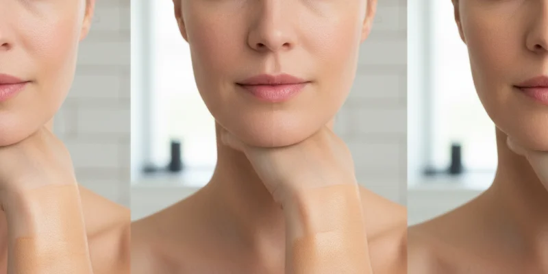 3種類のファンデーションをそれぞれ塗布した腕や顔のアップ写真。それぞれの仕上がり（ツヤ感、カバー力など）の違いがわかるように比較した写真