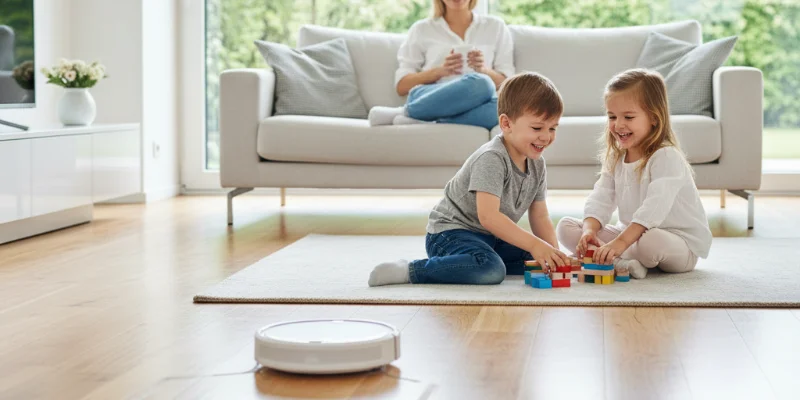 清潔でスッキリとしたリビングの様子。子供が笑顔で遊んでいる様子が写っている。