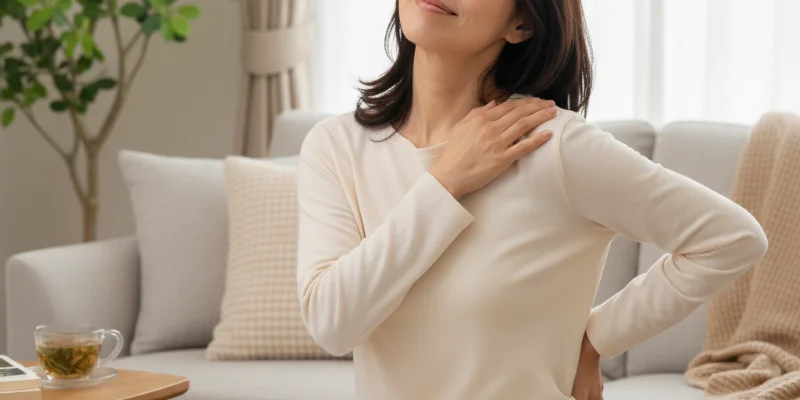 肩や腰の凝りが軽減され、リラックスした表情の女性が写っている写真。背景は、自宅のリラックスできる空間を想起させるものとする。