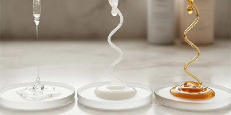 3種類の美容液（予算重視、性能重視、バランス重視）のテクスチャーを比較した写真。それぞれの色や粘度などが分かるように撮影する。