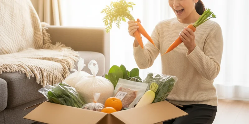ダンボールに詰められた、お米や野菜などの食料品。