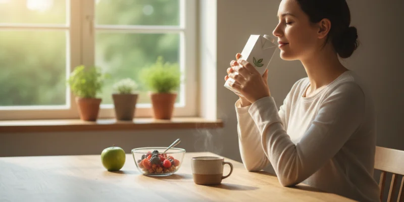 爽やかな朝の光の中で、人が紙パックの豆乳を飲んでいる様子。健康的な生活をイメージさせる写真。