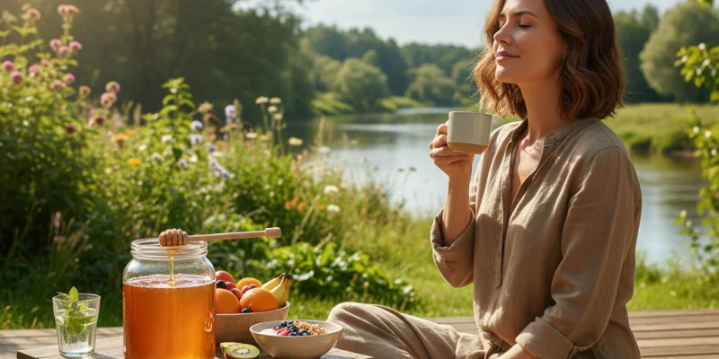 スプーンに盛られた蜂蜜のアップ写真。濃厚な色とテクスチャーがわかるように撮影されています。