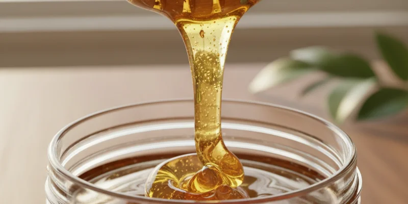 スプーンに盛られた蜂蜜のアップ写真。蜂蜜の粘度や色、光沢がわかるように撮影する。