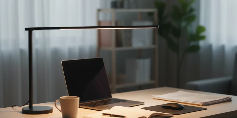 デスクに設置されたライトが、作業スペースを明るく照らしている様子。暖色系と白色系の光が切り替えられる様子を分かりやすく表現。