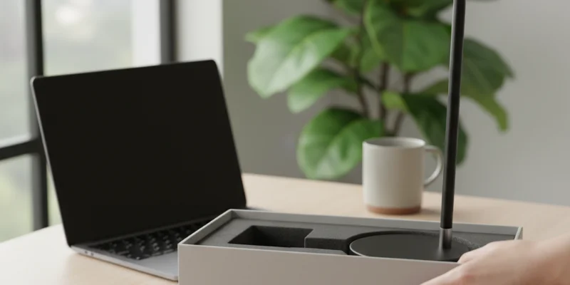 シンプルで洗練されたパッケージから取り出された、マットな質感の製品本体。高級感のあるデザインが際立つ様子。