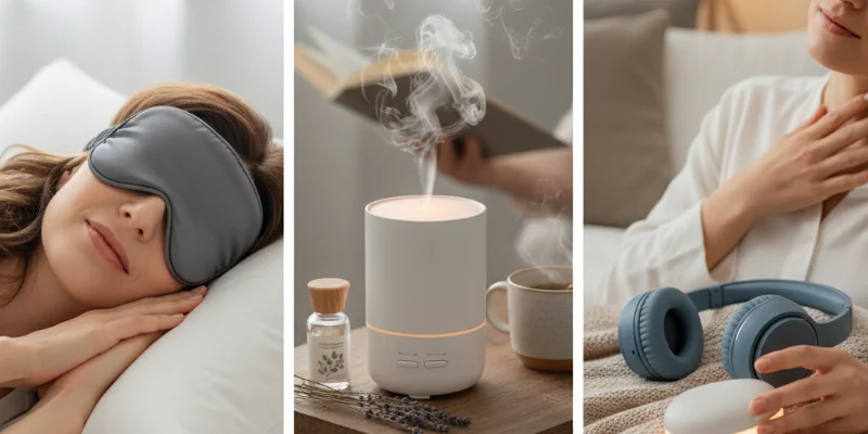 実際に使用した商品の写真を並べ、使用感の違いがわかるような構図にする。例えば、アイマスクは装着した状態、アロマディフューザーは使用中の様子などを撮影する。