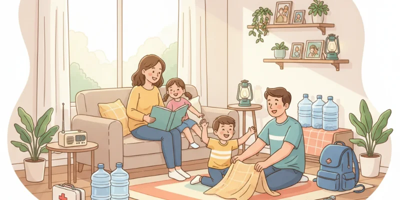 家族が笑顔でリビングでくつろいでいる様子。穏やかな光と温かい雰囲気を演出。