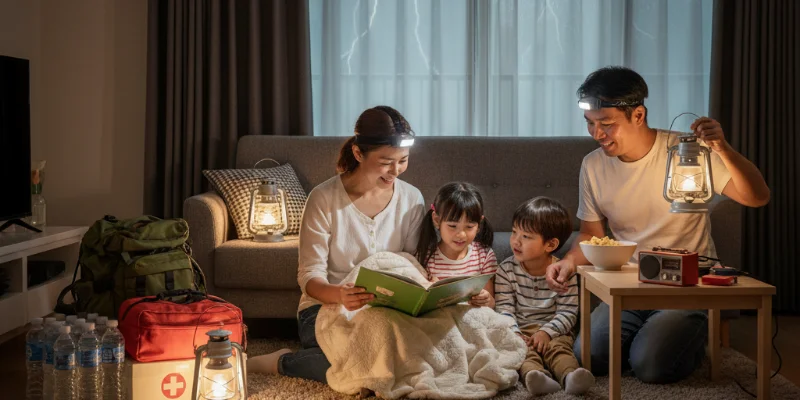 停電時、家族がリビングでLEDライトの灯りで穏やかに過ごしている様子。