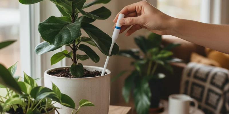 土に挿された水やりチェッカーと、それを確認する人の手。