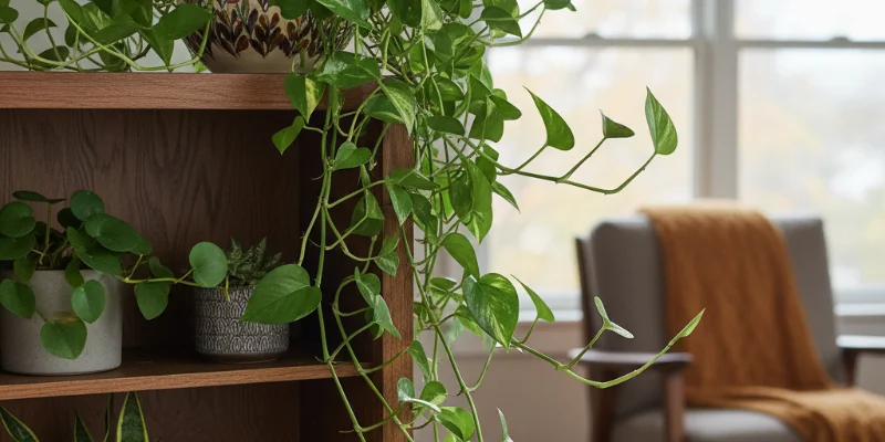 北側の窓辺に置かれた本棚の上で青々と茂るポトス。新しいつるが伸びている様子がわかる写真。