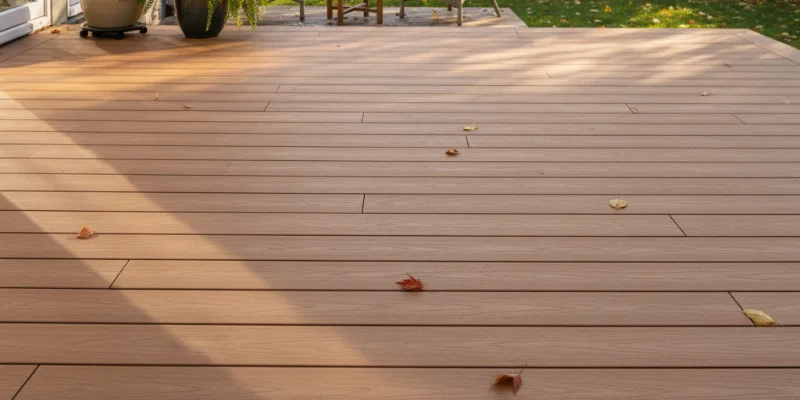 完成しつつあるウッドデッキの床面。人工木の板が綺麗に並べられている様子がわかる写真。