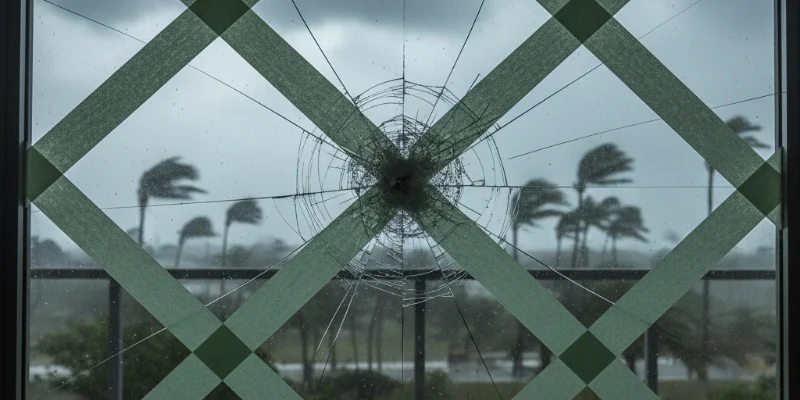 養生テープで補強された窓ガラス。窓ガラスにヒビが入っているが、ガラスの破片が散らばっていない様子。