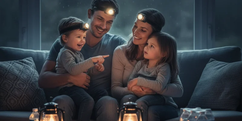 温かい光に照らされた家族が落ち着いて過ごしている様子。笑顔や安心した表情が写っている。