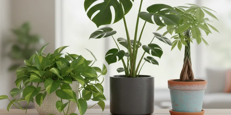 ポトス、モンステラ、パキラの3種類の観葉植物が、それぞれ異なる鉢に植えられて並んでいる写真。それぞれの植物の特徴が分かりやすく、美しく撮影されている。