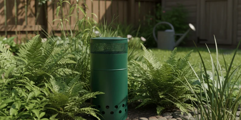 庭に設置された製品の外観と周囲の環境。自然な状態を写し、製品が目立たないような構図。