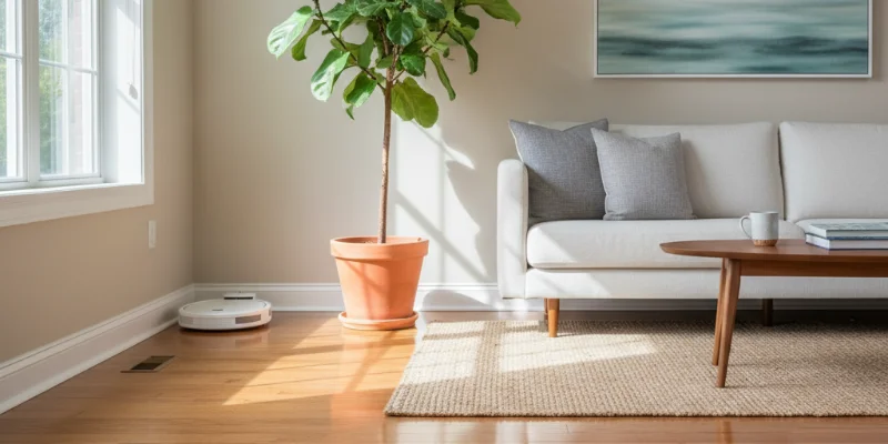 ピカピカに輝く床と、そこに置かれた観葉植物など、清潔感あふれるリビングの風景。