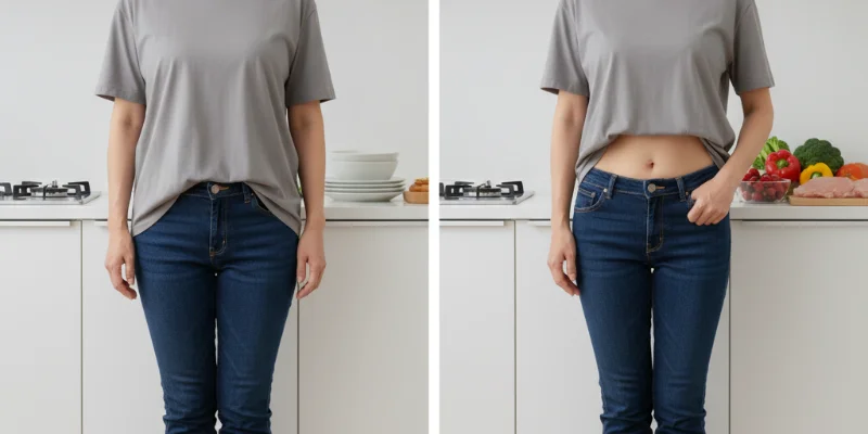 ダイエット前とダイエット後の比較写真。体重減少による体型の変化がわかるように、同じ服装、同じ場所で撮影された2枚の写真。