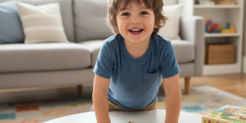 子供が難しいパズルを完成させて、誇らしげな表情をしている様子。達成感に満ちた表情がわかる写真。