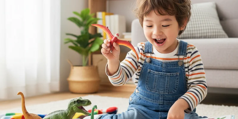 子供が恐竜のフィギュアと絵本を使って楽しそうに遊んでいる様子。笑顔で楽しんでいる様子がわかる写真。
