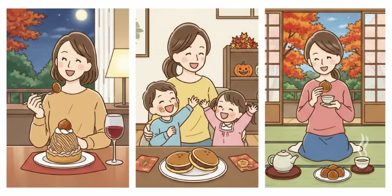 それぞれ異なるシーンで３種類のスイーツを楽しんでいる様子をイラストで表現。高級モンブランは特別な日の夕食後、栗どら焼きは子供とのおやつタイム、栗きんとんはお茶請けとしてなど。