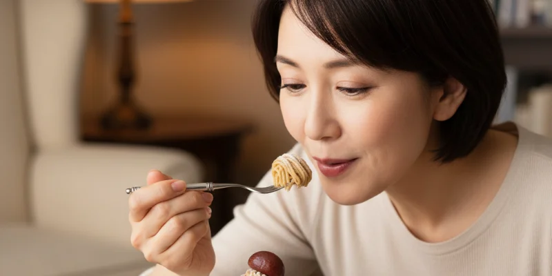 上品な食器に盛られたモンブランをフォークで一口食べている様子。背景は落ち着いた雰囲気のインテリア。