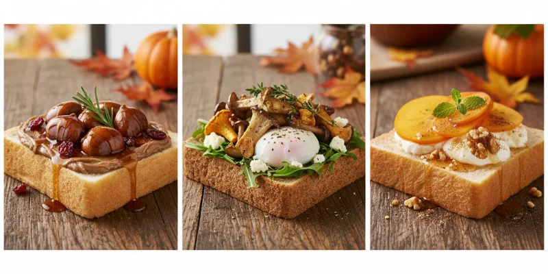 3種類の食パンそれぞれに、秋らしい食材（栗、きのこ、柿など）を合わせた料理の写真。スタイリッシュで食欲をそそる写真。