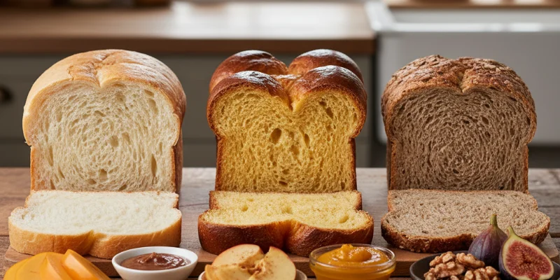3種類の食パンが並べられた写真。それぞれのスライスが綺麗に並べられ、違いがわかるように撮影されている。