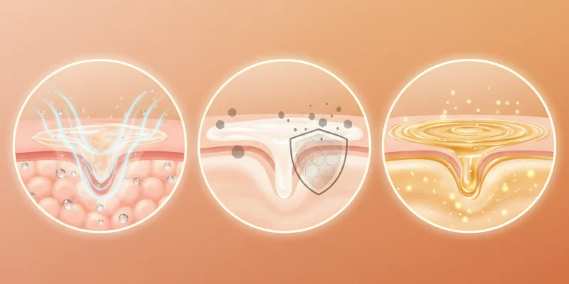 異なるテクスチャーの美容液を肌に塗布した後の、肌の水分量の違いをイラストで表現。それぞれ、内側から潤う様子、肌表面を保護する様子、しっとりとした潤いが続く様子などを視覚的に表現する。