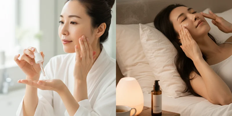 朝の慌ただしいシーンと、夜のリラックスしたシーンをそれぞれ写真で表現する。朝のシーンでは、素早く肌に馴染んでメイクの邪魔をしない様子を、夜のシーンでは、肌に優しくマッサージする様子や、リラックスした雰囲気を演出する。