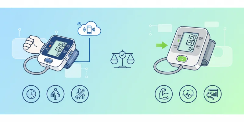 手首式と上腕式の血圧計を並べたイラスト。それぞれの利点を図解で分かりやすく示す。