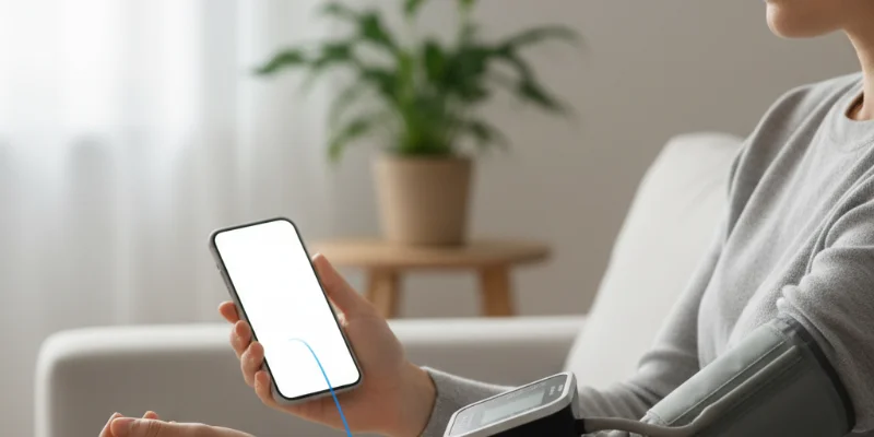 血圧計を手首に装着し、測定している人の写真。リラックスした自然な表情を捉えている。