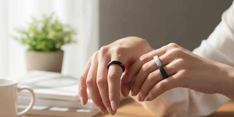 レビュアーが3種類のスマートリングをそれぞれ着用している手元の写真。自然光で撮影し、装着感の良さが伝わるよう自然なポーズを心がける。